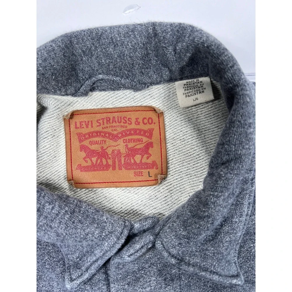 Levi's Trucker Jacket Mens L Gray Jersey Knit Sweatshirt Hybrid Button Up Coat